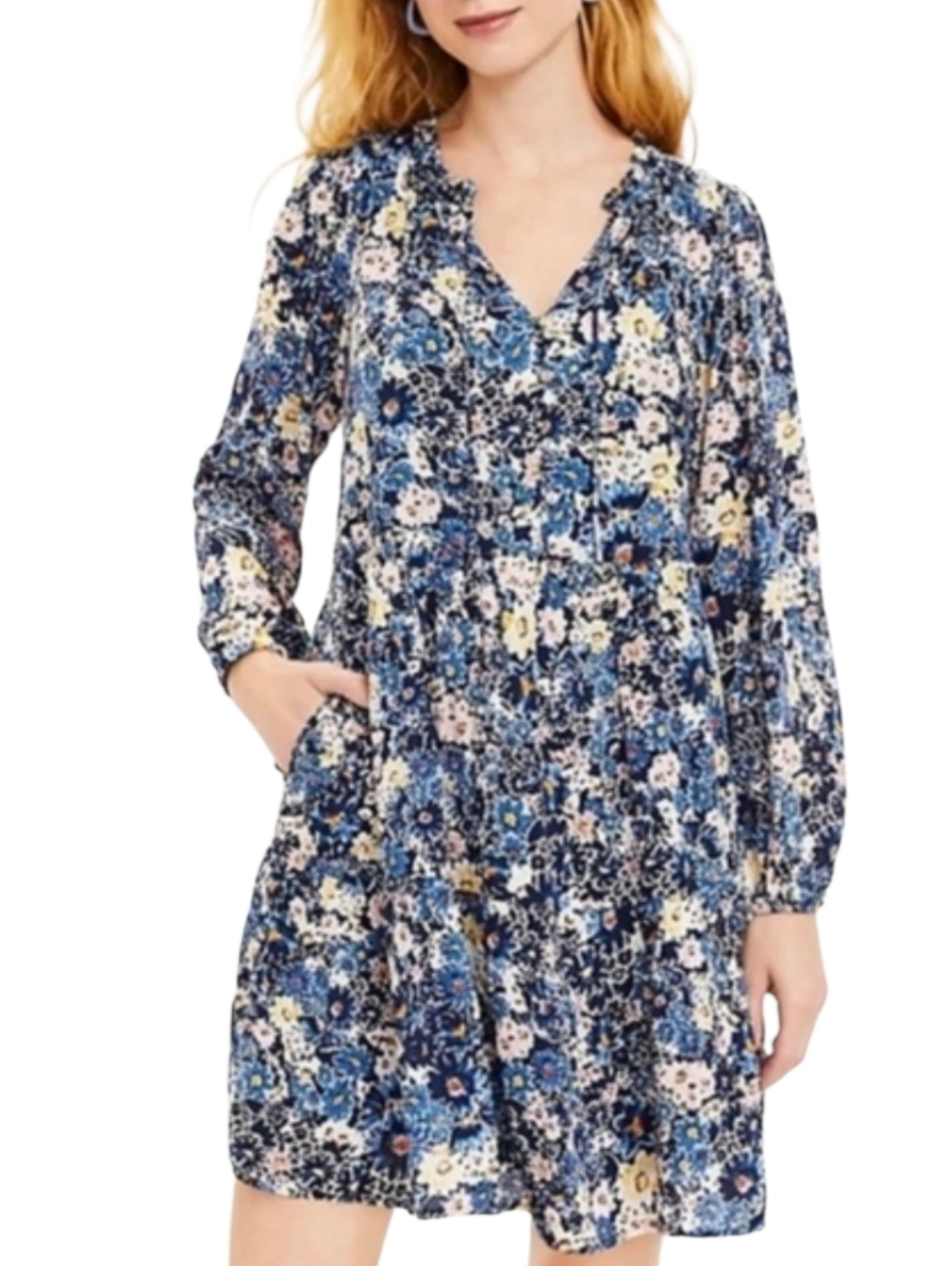 LOFT Navy Floral V-Neck Tiered Maxi Dress, Sz L